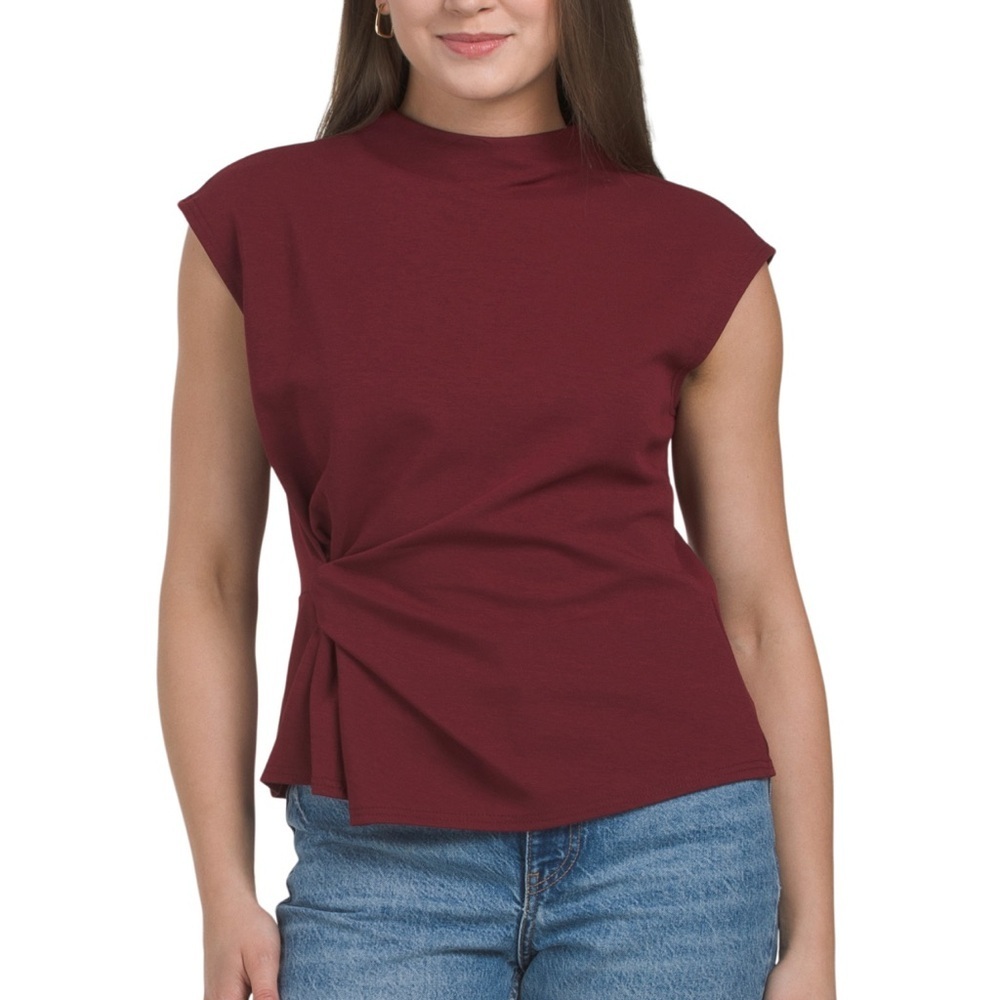 MODERN WORKS Burgundy Short Sleeve Knot Side Mock Neck Top